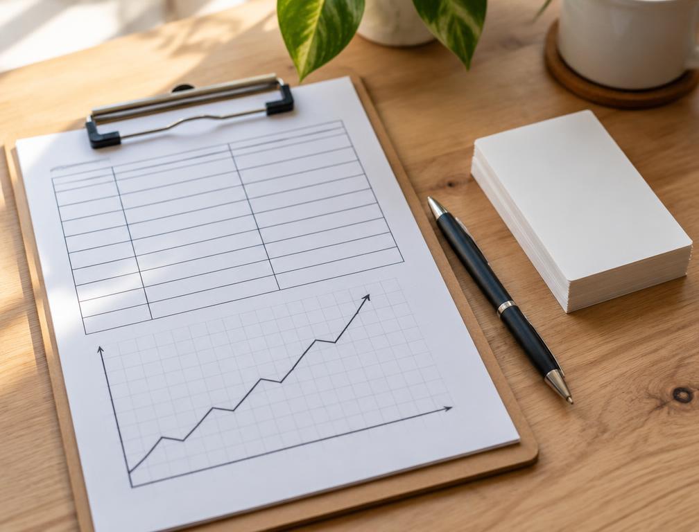 Clipboard with a blank data sheet and a rising line graph drawn on grid paper beside a stack of flashcards