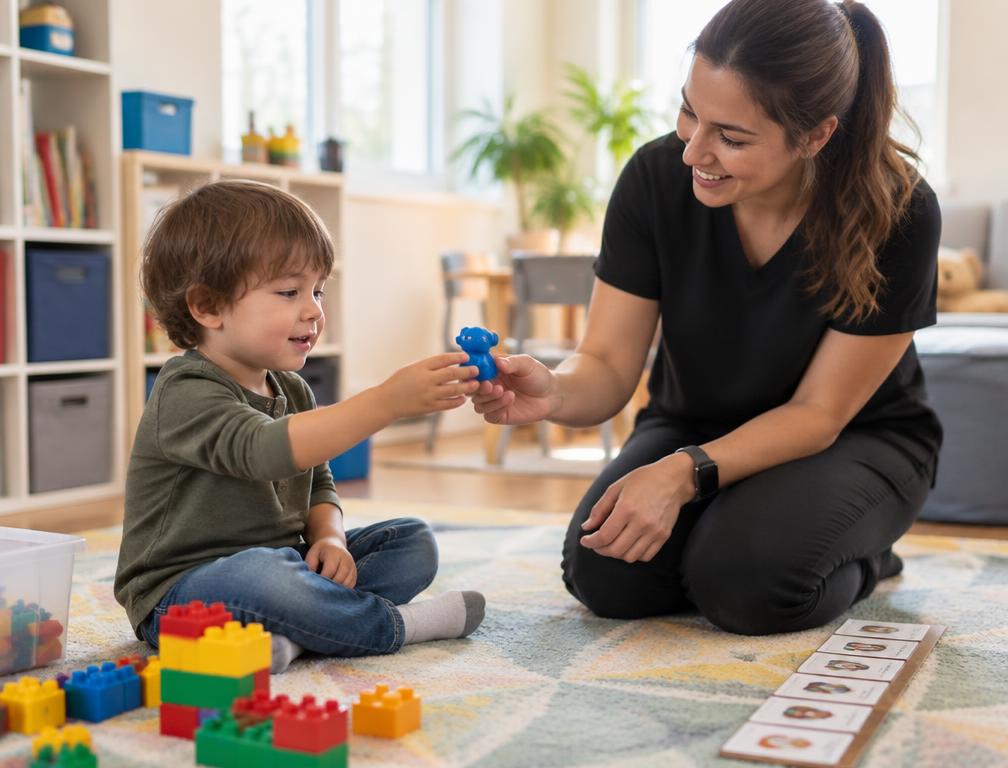 Behavior technician kneeling on a play mat offering a preferred toy to a young child during a session
