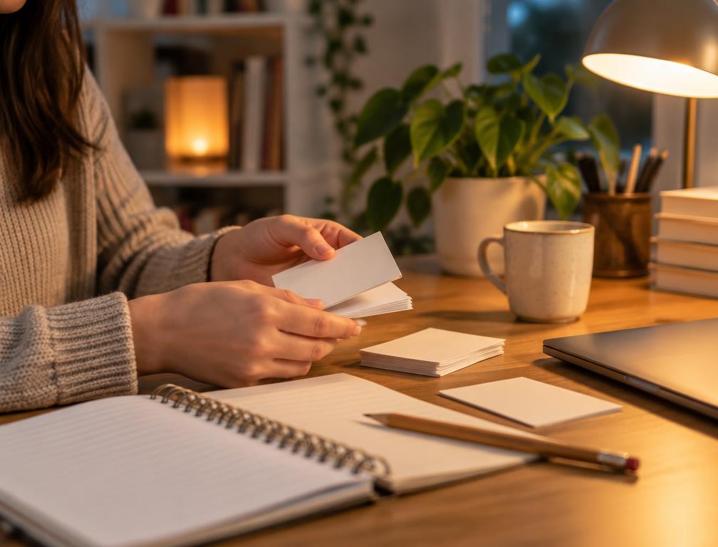 Hands sorting paper flashcards on a wooden desk beside an open notebook and a laptop
